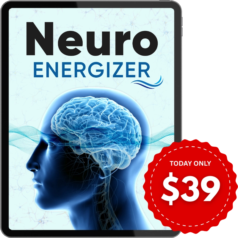 A digital tablet displaying the Neuro Energizer program with a 3D illustration of a glowing human brain, accompanied by a red seal highlighting a 