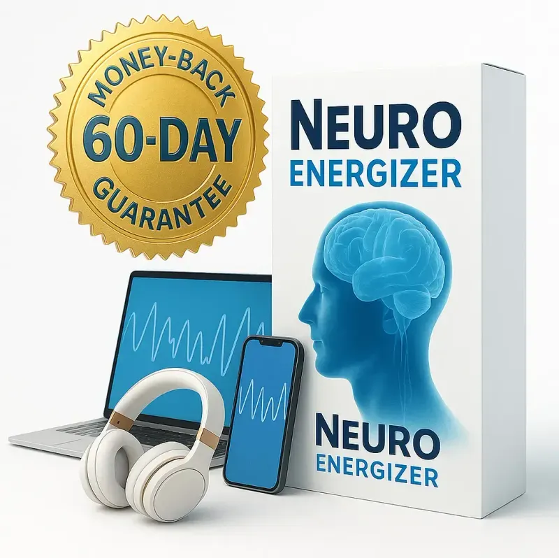 A gold 60-day money-back guarantee seal displayed next to the Neuro Energizer digital audio system, featuring a laptop, smartphone, and headphones.