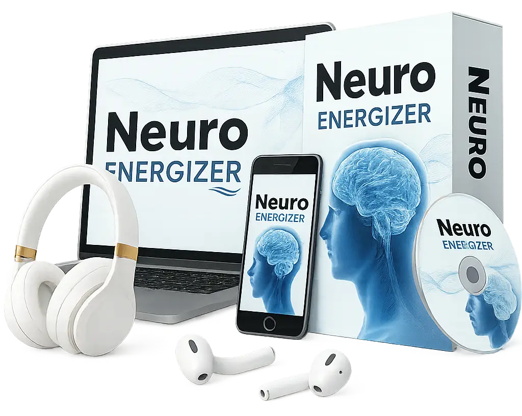 Full Neuro Energizer digital audio program bundle featuring a laptop, smartphone, CD, headphones, and wireless earbuds.