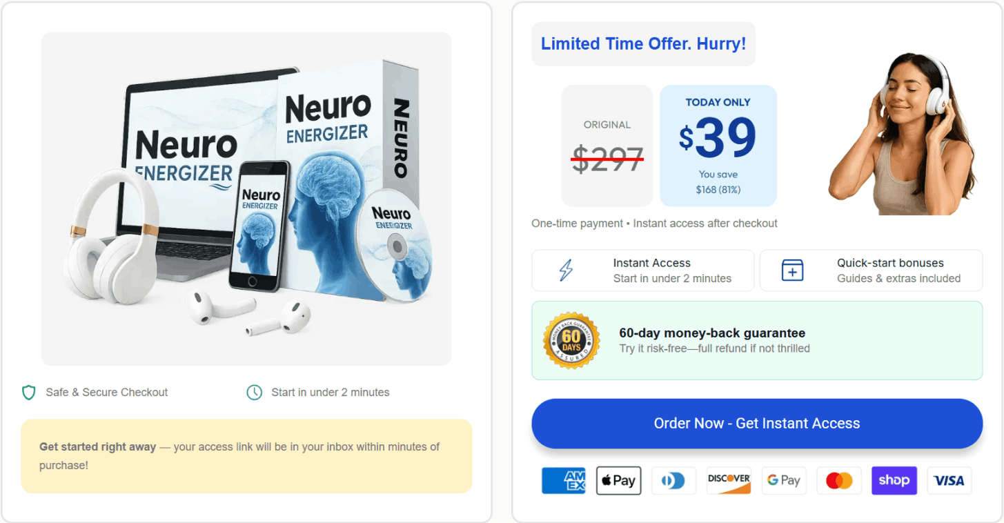 Secure checkout for Neuro Energizer featuring trusted payment methods including Visa, Mastercard, PayPal, and Google Pay.